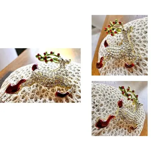 Reindeer Brooch Pin Rudolph Christmas Eve New Crystal Accents Santa Nort… Gold