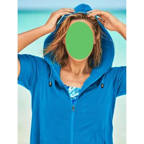 Swim 365 Women's Sz 14/16 Hooded Terry Swim Cover Up Blue Full Zip Short Sleeves