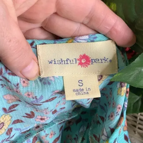 Wishful park Turquoise & Yellow Flowers Boho Short Sleeves Flowy Top S