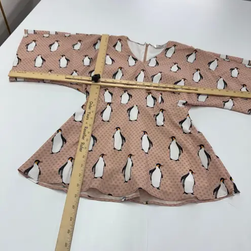 Eshakti Blouse Womens Size 0 Penguin Print Top Beige Pink Wide Sleeve