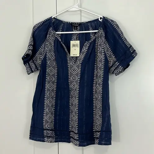 Lucky Brand New  Small Blue, White Print Short Sleeve Peasant Blouse Top
