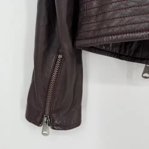 Weekend Max Mara Womens Leather Moto Jacket Burgundy Asymmetrical Zip Moto Style Brown Size 6