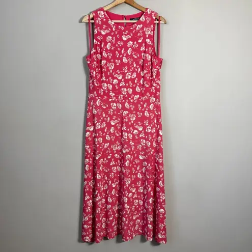 Ralph Lauren Lauren  Sleeveless Floral Fit & Flare Midi Dress Womens 12 Pink Chic