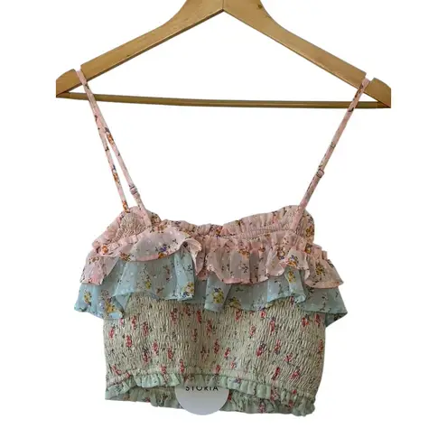 Storia  Pink & Blue Ditsy Floral Smocked & Cropped Tank Top Size Small NEW