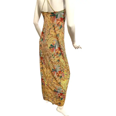 Vintage 1970s Huk A Poo Geometric Maxi Novelty Print Open Slit Dress XS Tan Size M