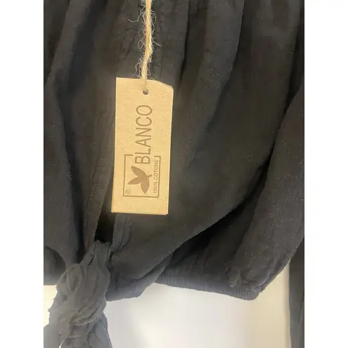 Blanco 100 % Cotton Top Off Shoulder Blouse Tie Front Sz L NWT $48 Black Size L