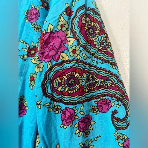 Boho Turquoise Paisley Tunic Top Medium 100% Cotton Festival V
