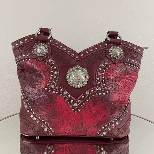 American Bling Y2K Red Burgundy Faux Tooled Leather Western Studded Shoulder Bag