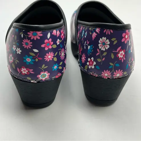 Cape Clogs Leno Sweden Purple Floral Black Leather Slip Resistant SZ 38 US 7.5