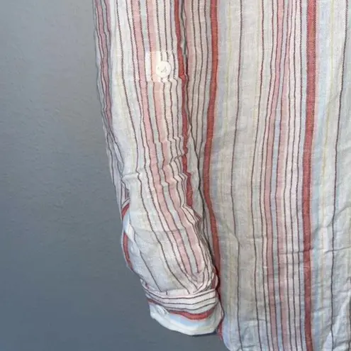 Sanctuary  Pink Striped Popover L Linen Multicolor Collared Roll Tab Long Sleeve