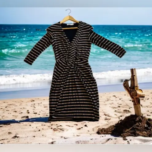 Bailey 44 Arcade Dress Stripe Midi Quarter Sleeves Grey Black Size Small