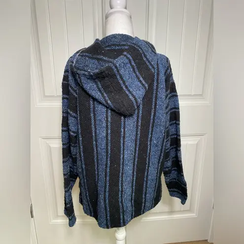 Womens Baja Hooded Long Sleeve Pullover Blue Black Stripes Small/Medium unisex