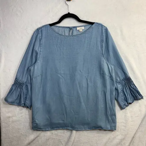 J Jill L Denim Bell Sleeve Chambray Top Lightweight Tencel Boho Minimalist Blue Size L