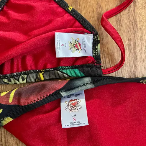 Ed Hardy Vintage Y2K Rare Red Black True Love String Triangle Edgy Bikini Set