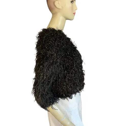 VINTAGE 1990'S GANTOS BLACK & GOLD EYELASH FRINGE CROPPED 3/4 SLEEVE SWEATER (S)