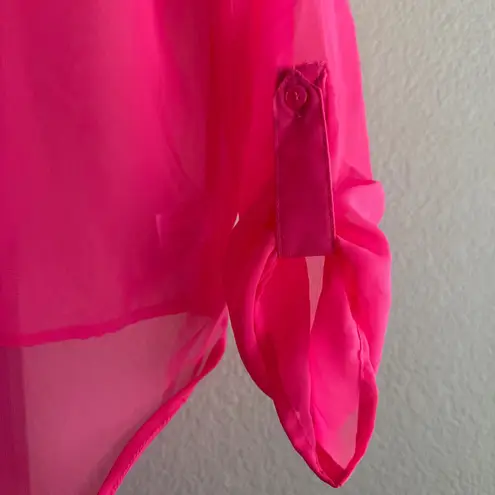 Women’s Juniors XL Hot Pink Sheer Blouse Long Sleeve Lace Back Tie Front Top Size undefined