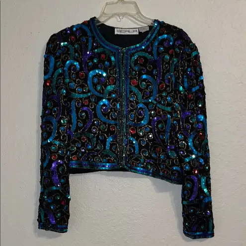 Scala Vintage Elegant Jacket Black and Blue Sequin Crop Blouse Jacket