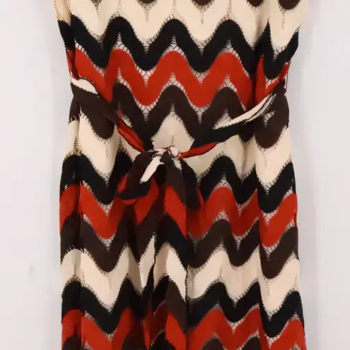 Sharagano Chevron Retro Crochet Sheath Dress Belted Mod Groovy Sleeveless Zig Zag Size 16