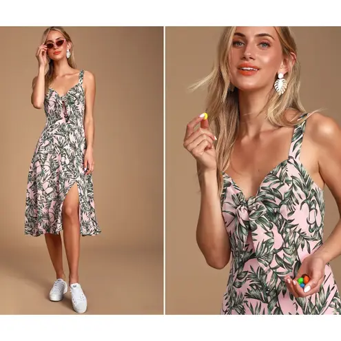Lulus La Paz Pink and Green Leaf Print Tie-Front Midi Dress Size Medium Wedding Guest