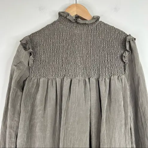 French Connection  brown smocked high neck long blouson sleeve mini dress M