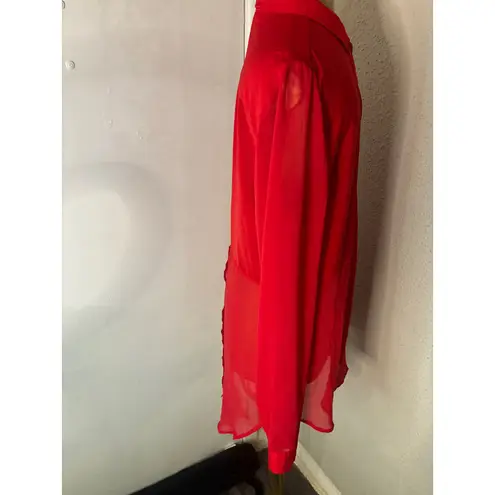 Free People  Sheer Button Down Red Blouse M Cherry Girl Boho Coquette Holiday