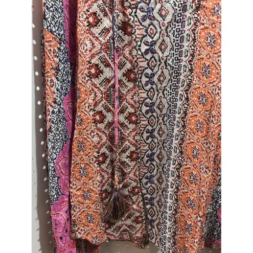 Lovestitch  Bohemian Patchwork Print Long Sleeve Tassel Tie Blouse Size S