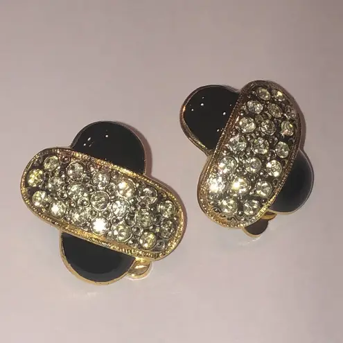 Angel Brand Signed Gold Tone and Black Enamel Crystal Clip On Earrings