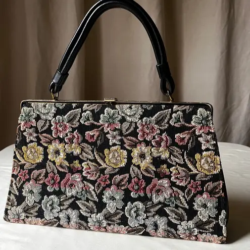 Vintage Dover Floral Tapestry Carpetbag Purse Black Gold Frame Top Handle