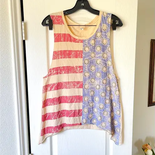 Spell USA Singlet Tank America Flag Graphic Sand Beige Small EUC Red