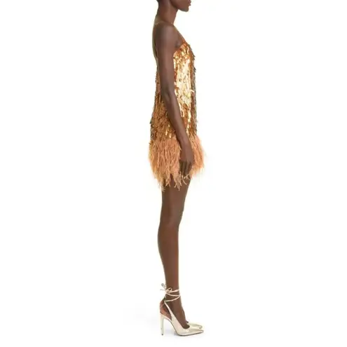 NWT Johanna Ortiz Chemical Attraction Metallic Feather Trim Minidress Gold Sz 10