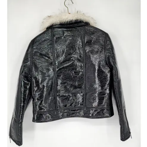 Unreal Fur Wet Look Aviator Jacket Black Faux Leather & Fur Collar Women’s S