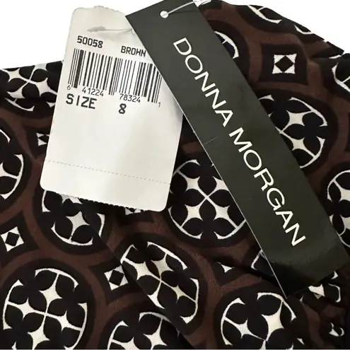 Donna Morgan  Dress Halter Brown Black White Print Ruched Waist Dress Size 8 NEW