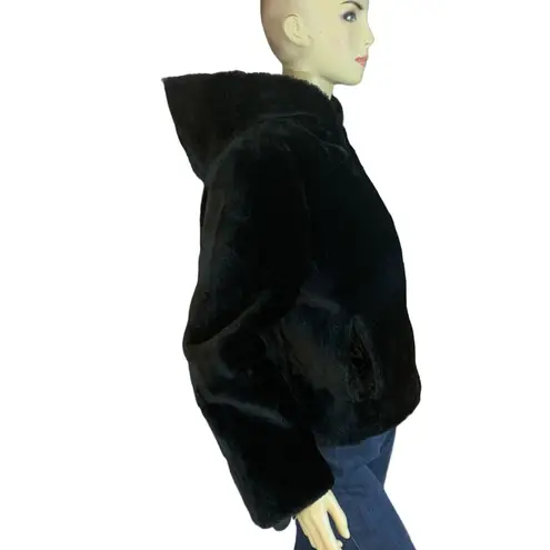 VINTAGE CIRCA 1980'S GLENOIT BLACK FAUX FUR HOODED SHORT COAT (10)