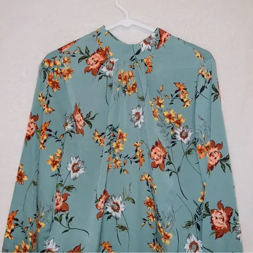 Azalosie Green Floral Print High Neck Long Sleeve Knee Length Shift Dress Size M
