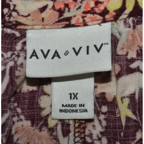 Ava & Viv Women's V-Neck Blouse Plus Size 1X Floral Fall Leaves 3/4 Sleeves