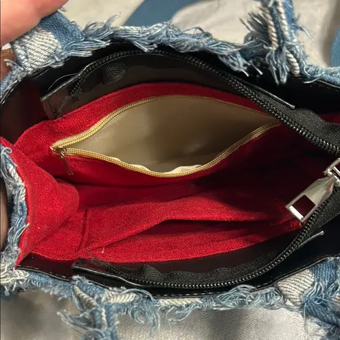 Blue Denim Checkered Crossbody Bag with Adjustable Strap