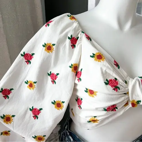 Farm Rio Mixed Cross Stitch Flowers Embroidered Long Balloon Sleeves Crop Top XL