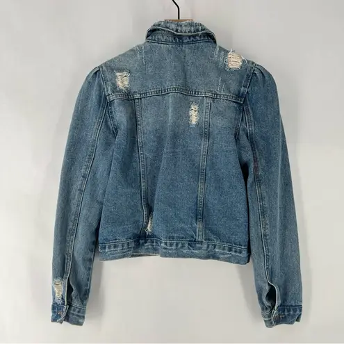 Moon River Moon River Light Blue Denim Ripped Distressed Puff Shoulder Jean Jacket Size S