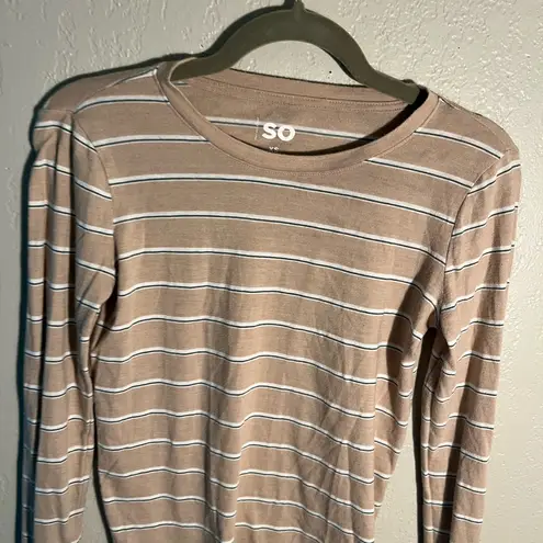 SO  Women's Tan Striped Long Sleeve Top SZ XS Summer Casual T Shirt Cute + Petite