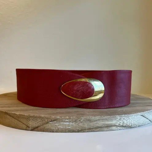Vintage 90s Red Soft Genuine Leather Wide Golden Buckle Wrap Belt Size M Size M