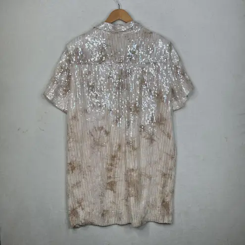 Pilcro Sequin Shirt Womens Large Beige Short Sleeve Button Front Collared Top
