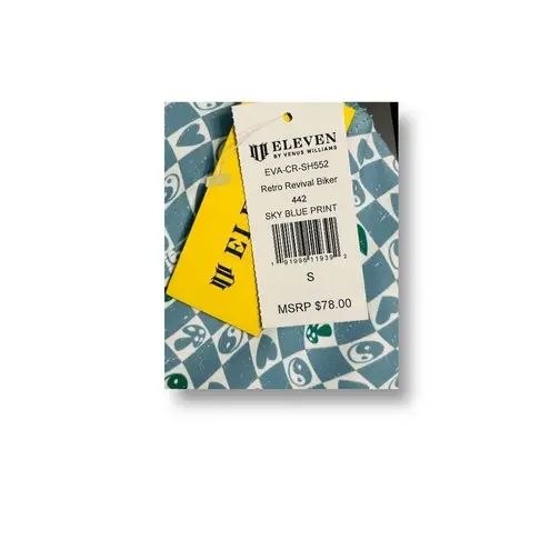 NWT EleVen by Venus Williams S Sky Blue Biker Shorts Retro Print Active Gym Yog