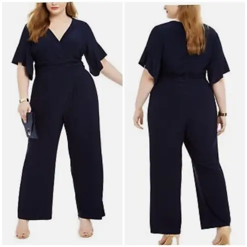Jessica Howard Plus Size Navy Surplice Ruched Jersey Jumpsuit in 2X