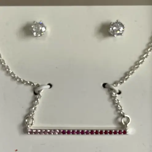 Mixit NWT Silver Necklace with Red Gemstone Bar Pendant and Earring Se