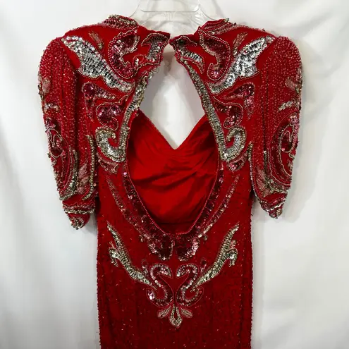VTG Showtime Size 14 Dress Red Beaded 80s Formal Gown Evening Open Back Slit E