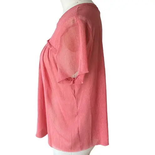 Massini Boho Spice Red Raw Edge Sheer Short Sleeve Bohemian Top ~ Womens Size XL