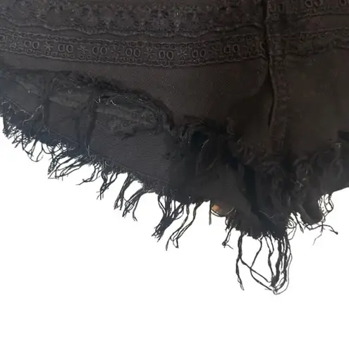 Bershka #BSKGirl X Black Fringe Trim Raw Hem Embroidered Jean Shorts Women Sz 4