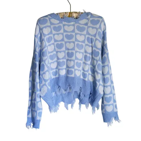 Just Polly Checker Heart Graphic Sweater Blue Deconstructed Fringe L Grunge Y2K Size L - Image 4