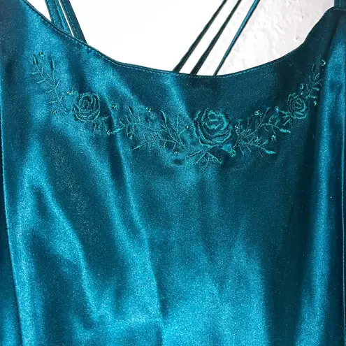 Vintage Floral Embroidered Satin Slip Dress Size M