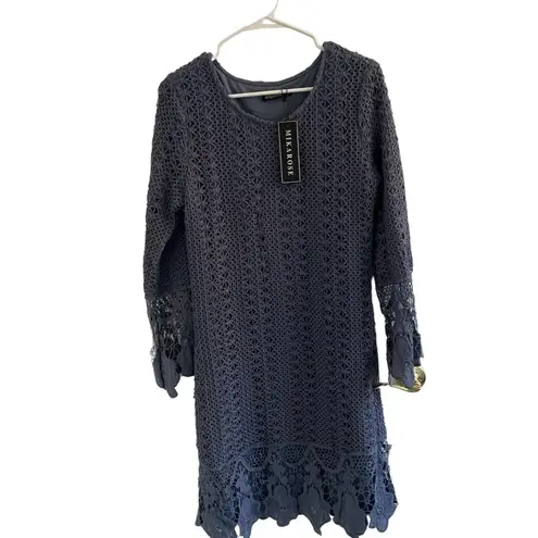 MikaRose Blue Long Sleeves Lace Detail Crew Neck Knee Length Dress L retro